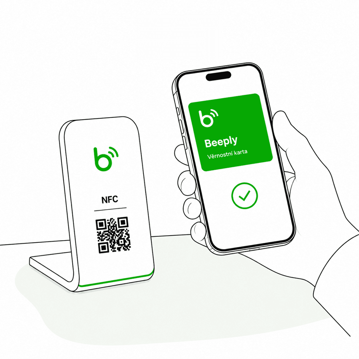Zákazník přikládá telefon k NFC stojánku Beeply
