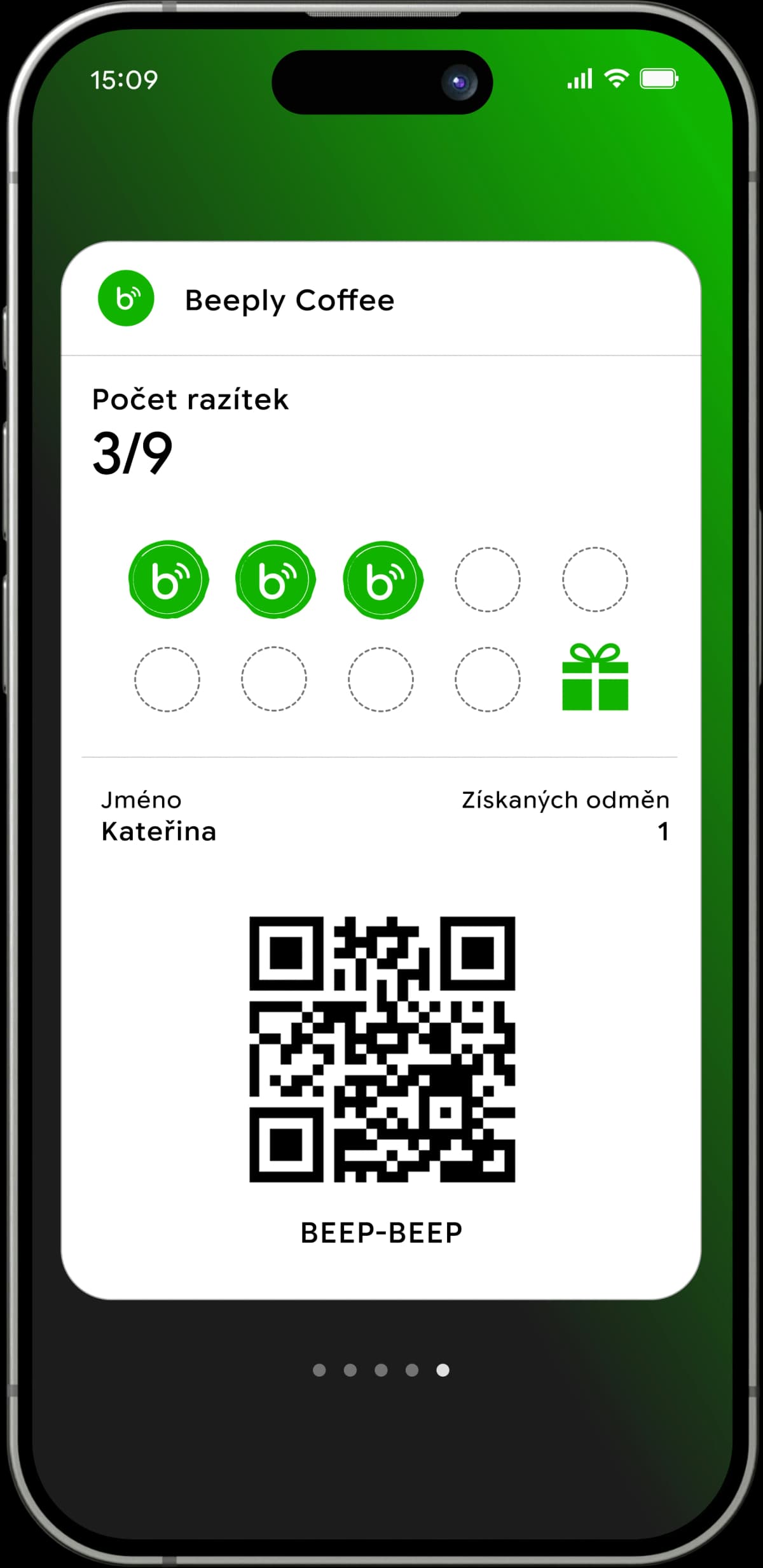 Ukázka digitální věrnostní karty Beeply v mobilním telefonu